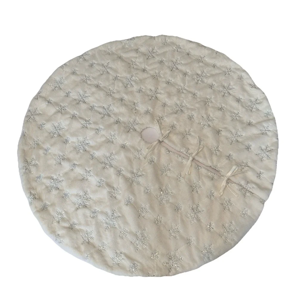 TAHARI Plush Faux Fur Sequin Snowflakes Christmas Tree Skirt 47